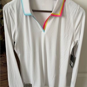 NWT G/FORE Womens XL White Long Sleeve Polo with Colorful Trim Golf Pickleball